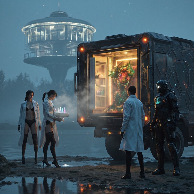 Sci-fi scene with a mysterious creature inside a glowing refrigerated container on a rugged truck...