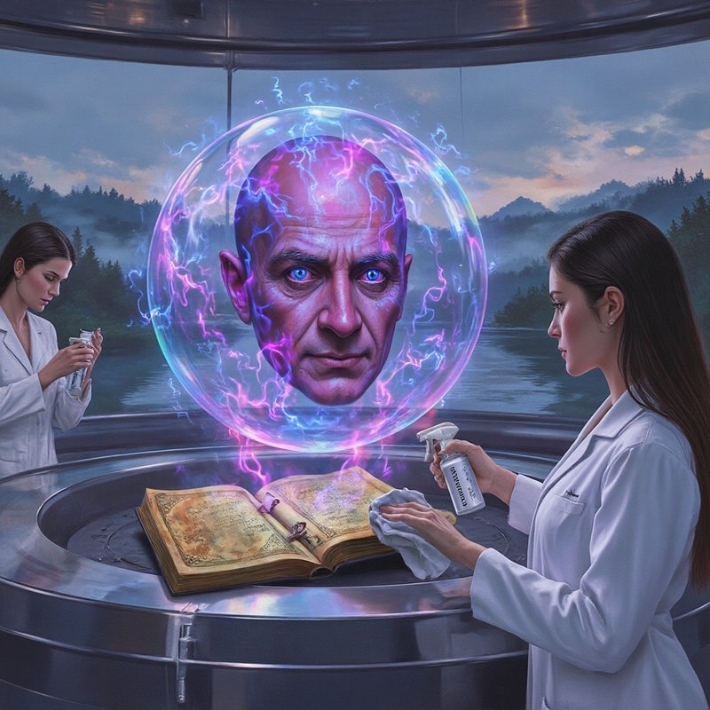 Sterile lab scene with a levitating glowing head inside a purple-blue energy bubble above an open...