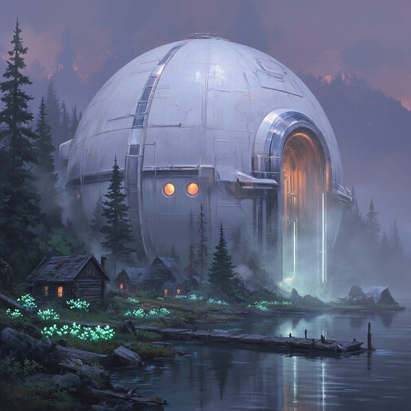 A colossal metallic sphere with a glowing arched entrance beside a misty lakeside forest at dusk.
