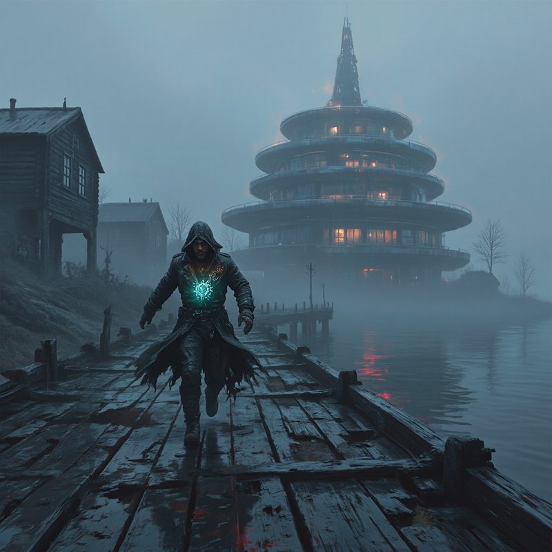 Hooded figure on a weathered dock toward a glowing, multi-tiered pagoda tower in misty, blue-tone...