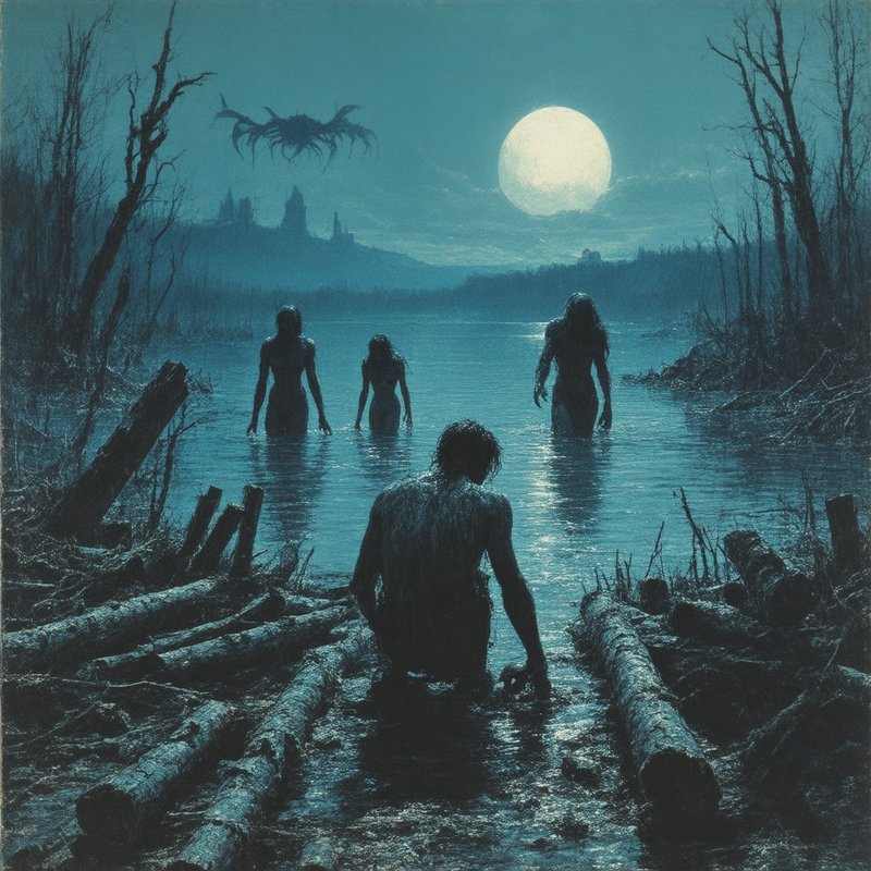Moonlit swamp scene with four submerged silhouettes among logs and dead trees.