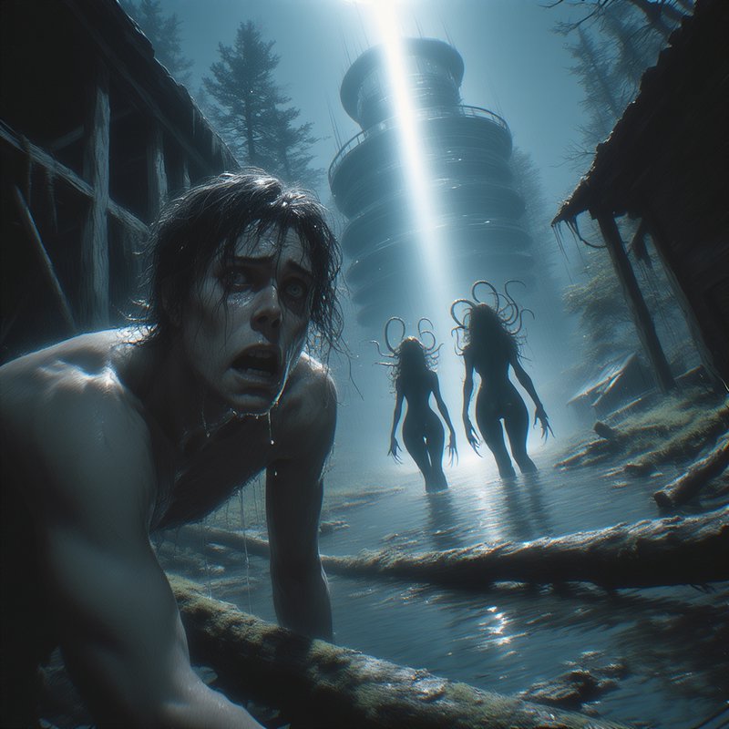 Underwater horror scene with a distressed man in the foreground and two tentacled figures near a ...
