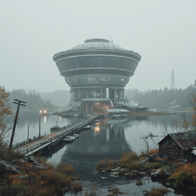 Futuristic circular building on a calm lake surrounded by mist and autumnal foliage.