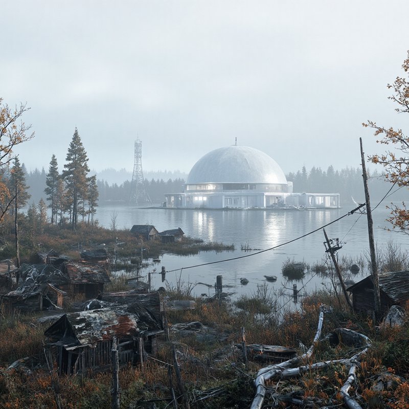 A misty lakeside with decaying wooden huts in foreground and a large futuristic dome building on ...