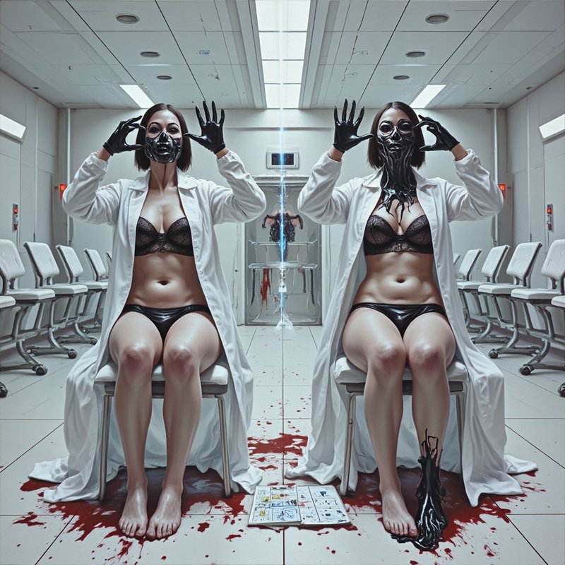 Surreal mirrored portrait of women in lab coats with black liquid masks seated in a blood-splatte...