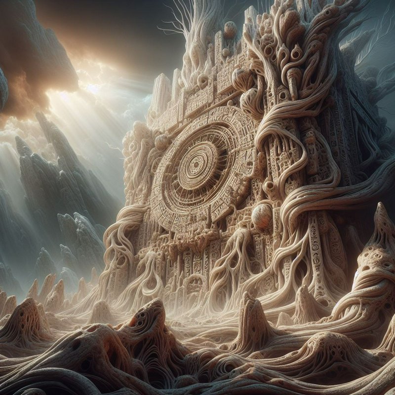 Intricate surreal ancient temple with organic root carvings, central circular calendar, sunbeams ...