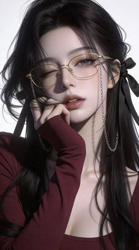 Stylized digital portrait of an elegant woman winking, wearing gold rimmed chain glasses and blac...