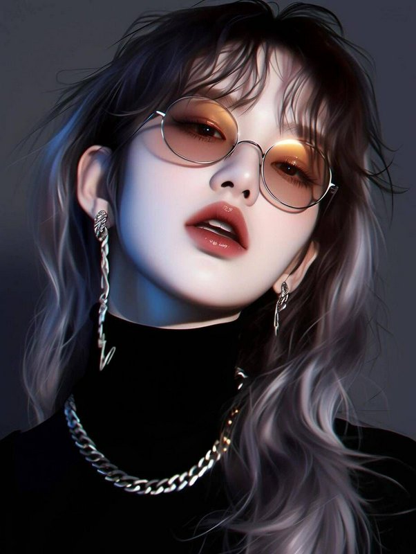 Stylized digital portrait of a fashionable young woman with round amber tinted glasses and silver accessories