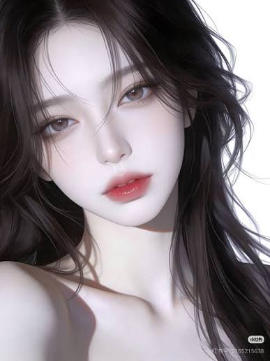 Soft ethereal digital portrait of a young woman with long wavy dark hair against a plain white ba...