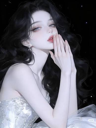 Ethereal pale woman with long wavy black hair in a silver gown against a starry dark background
