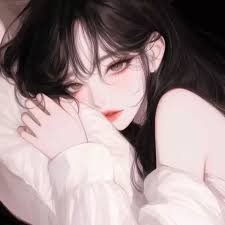 Soft digital illustration of a sleepy dark haired girl resting her face against her hands in cozy...