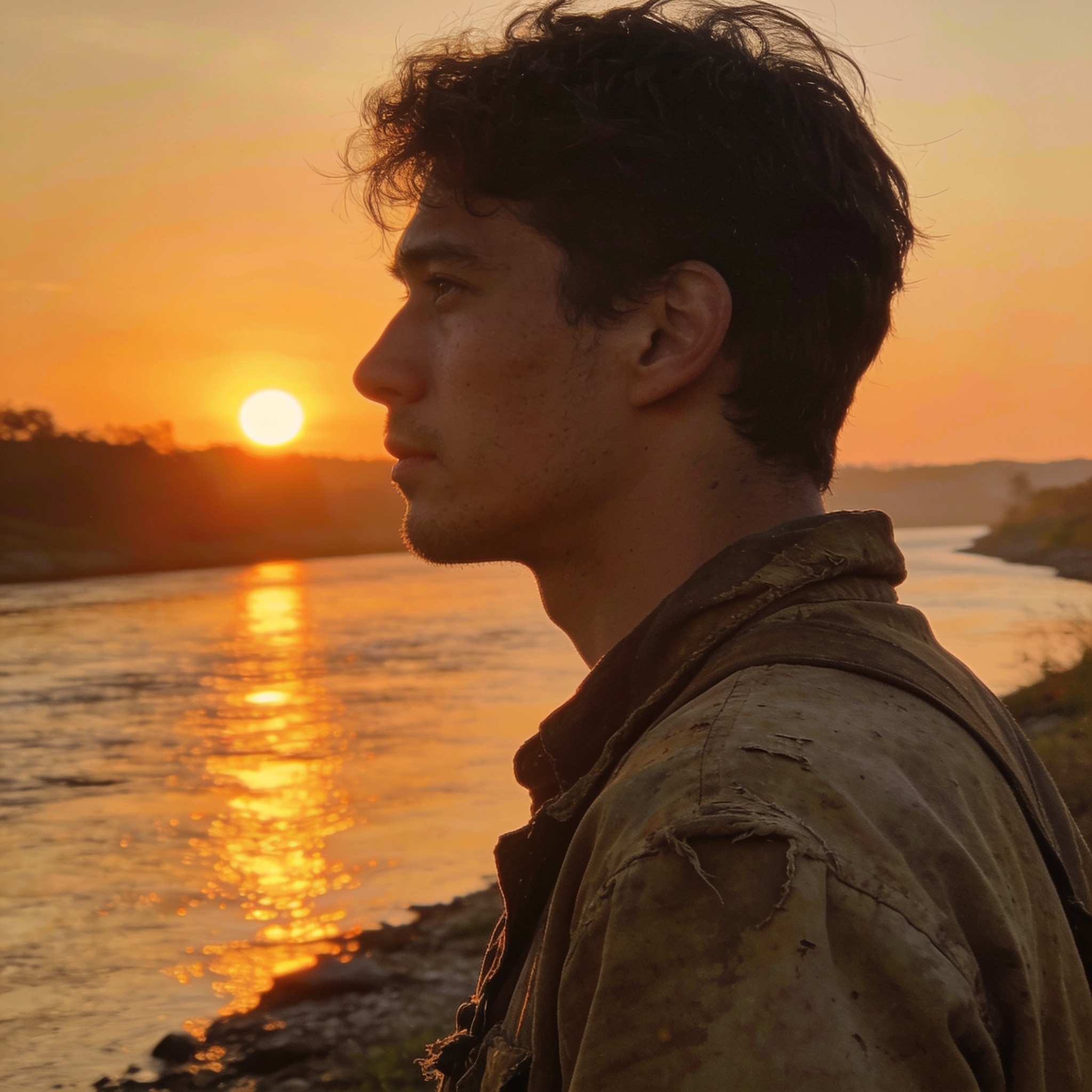 Profile portrait of a young man in worn clothing overlooking a calm river at warm golden orange sunset