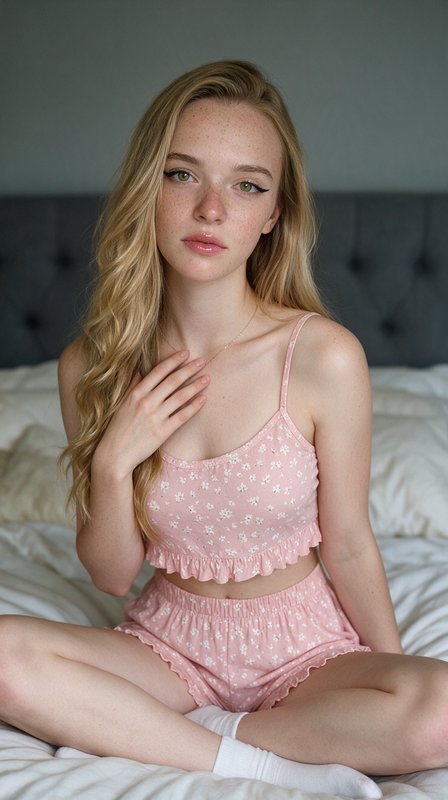 Young freckled blonde woman in pink floral pajama set sits cross-legged on a cozy bed looking at ...