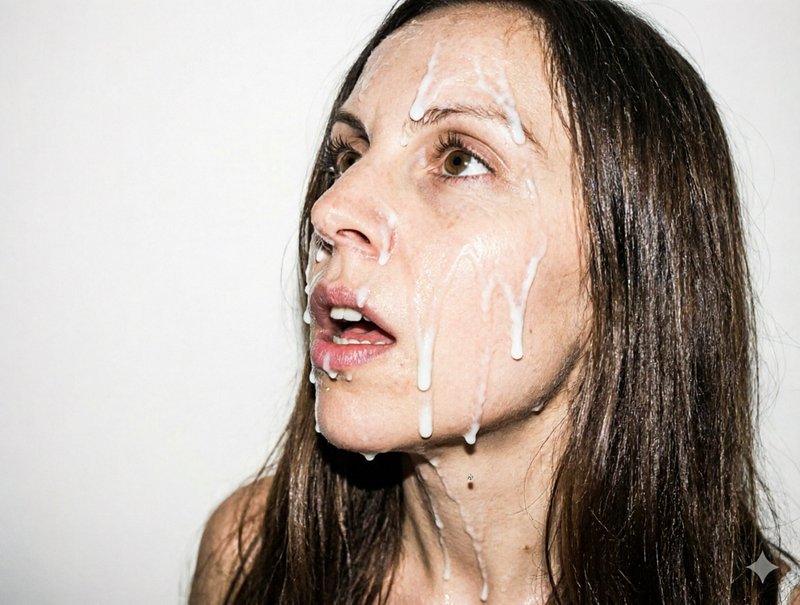 Woman's face with white liquid dripping down her forehead and cheeks in a close-up portrait