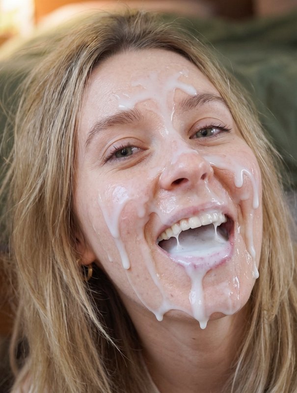 Close-up of a playful laughing blonde woman with creamy white face mask dripping down her face in...