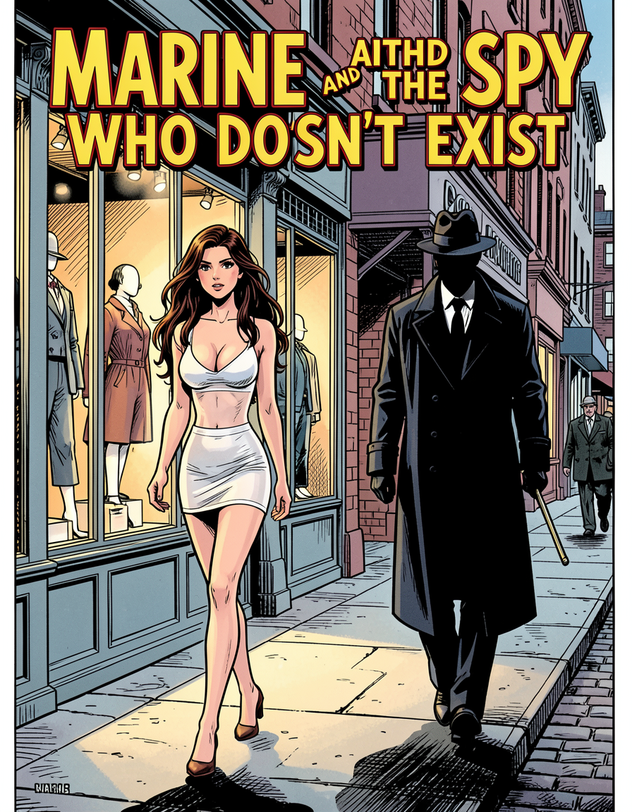 Retro comic book cover featuring a woman and faceless spy walking down a vintage downtown city sidewalk