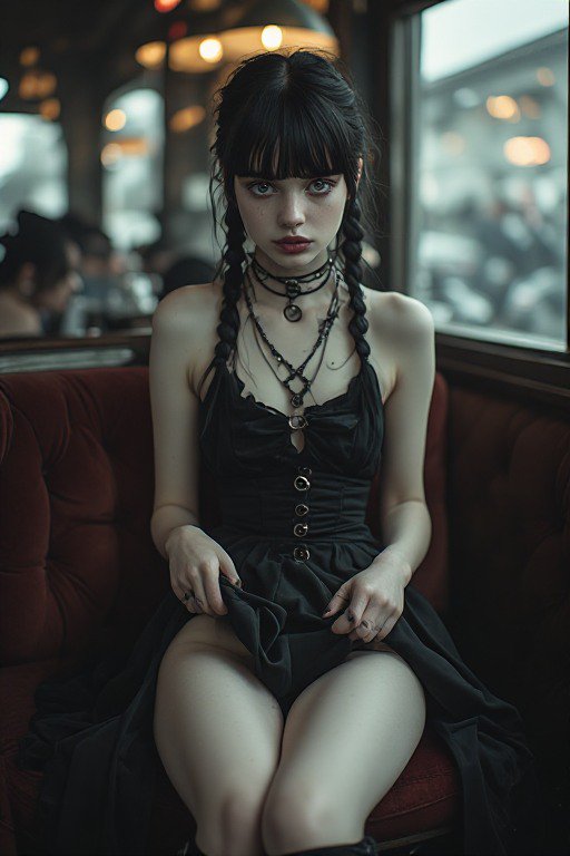 Young goth woman with double black braids seated on a red velvet cafe booth, looking directly at ...