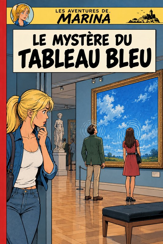 Retro comic cover for Les Aventures de Marina, showing thoughtful protagonist Marina in an art ga...