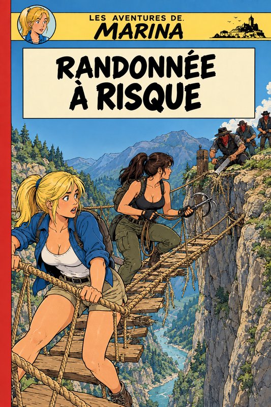 Comic cover illustration of two female hikers trapped on a fraying rope bridge as villains cut th...