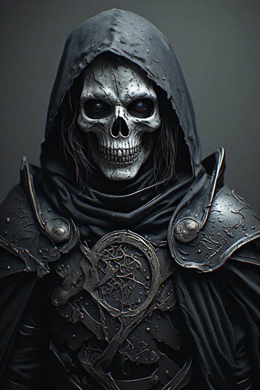 Close-up portrait of a hooded skeletal undead knight in ornate dark armor, with glowing eyes faci...