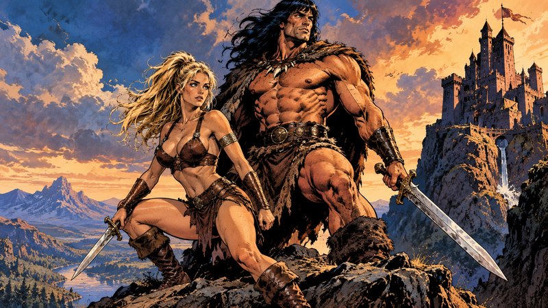 Retro comic art of barbarian warrior couple holding swords, standing on a cliff overlooking a fan...