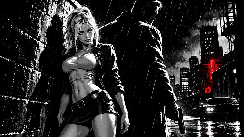 High contrast neo-noir comic art of an armed couple standing in a rainy nighttime city alley, wit...