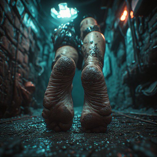 Low angle view of calloused muddy bare feet hanging upside down in a dark wet sewer tunnel