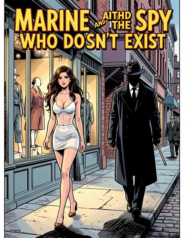 Retro comic book cover featuring a woman and faceless spy walking down a vintage downtown city sidewalk