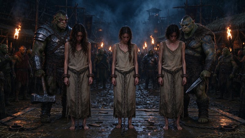 Chained captive women stand between armed orc guards on a wooden platform in a torchlit orc encam...