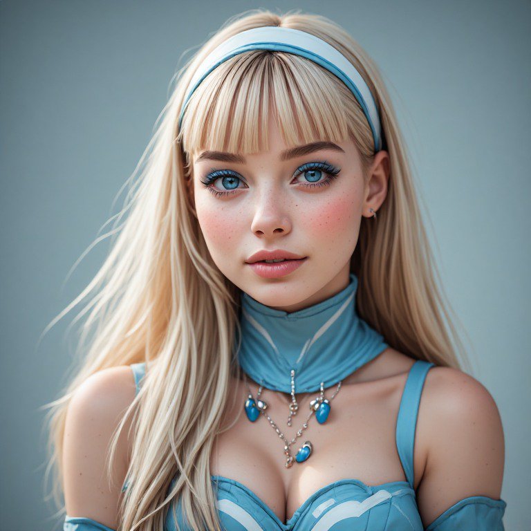 Close-up portrait of a young blonde woman in blue fantasy cosplay looking at the camera