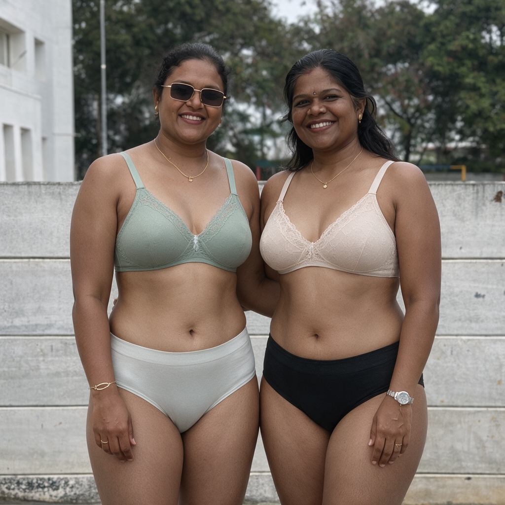 Two smiling South Asian women standing side by side modeling supportive lace lingerie sets outdoors