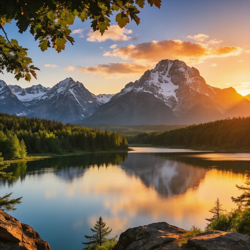 [Golden hour sunset over snow-capped mountains, calm reflective alpine lake framed by tree foliage and rocky foreground]
