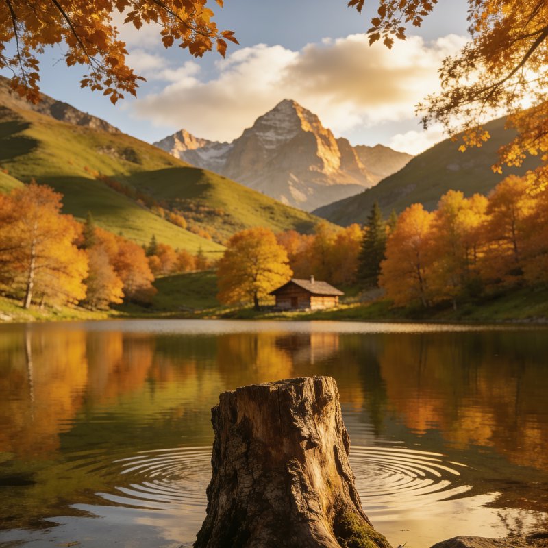 Golden hour autumn alpine lake scene, with a rustic log cabin, snow-capped mountains, and ripplin...