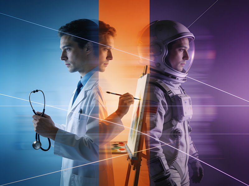 Triple exposure composite portrait of one man split into three roles: doctor, artist, and astrona...