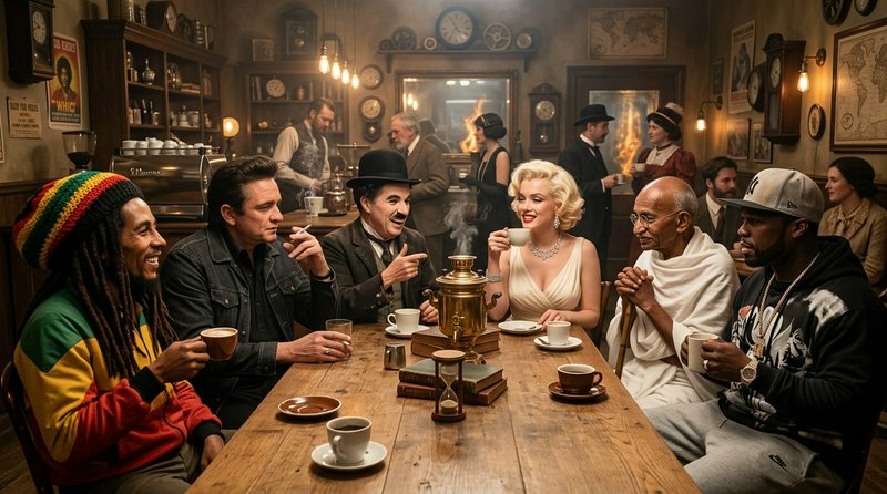 Surreal vintage cafe scene of iconic pop culture and historical figures gathered drinking coffee ...