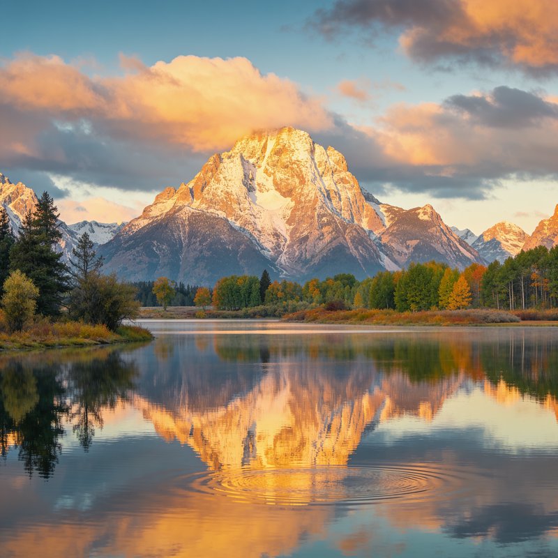 [Golden hour sunrise over snow-capped Grand Tetons reflected in calm Oxbow Bend lake, autumn foliage lining the shore]