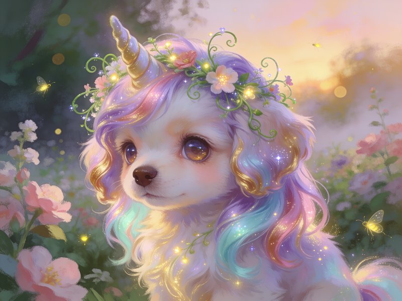 Adorable fluffy puppycorn with a floral crown, iridescent rainbow hair, and golden horn in a glow...