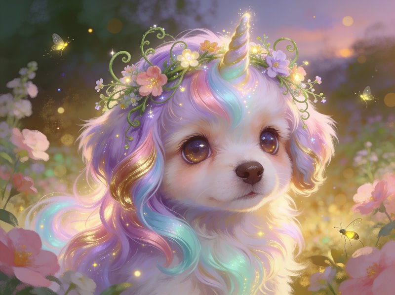 Adorable fluffy pupicorn wearing a flower crown, with pastel rainbow fur, in a glowing sunset wil...