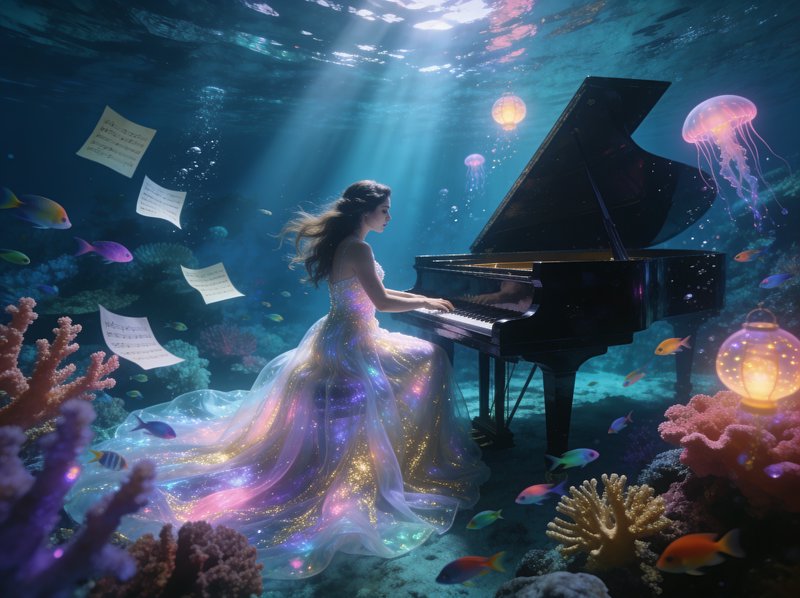 Woman in shimmering iridescent gown plays grand piano in a magical sunlit underwater ocean scene ...