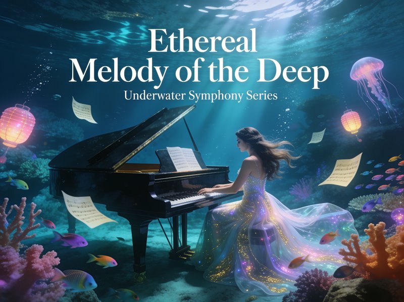 Ethereal underwater fantasy art: a woman in a glowing gown plays grand piano, "Ethereal Melody of...