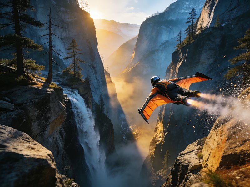 Jet-powered wingsuit pilot glides through a sunlit rocky mountain canyon beside a cascading alpin...