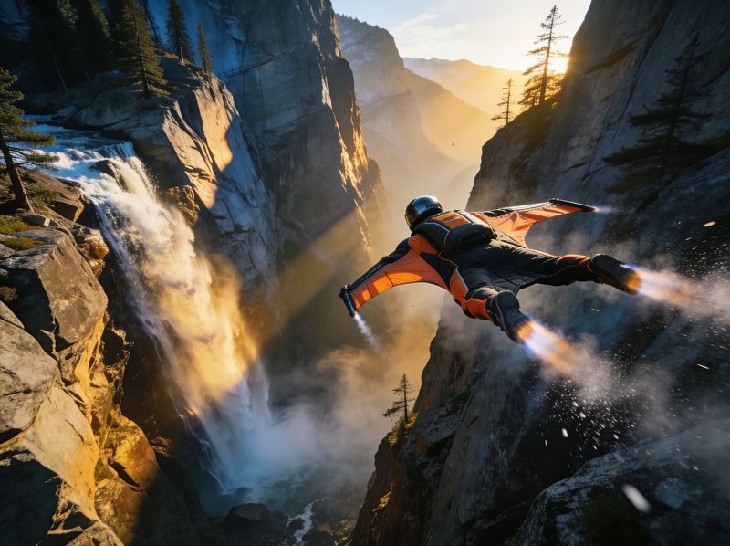 Jet-powered wingsuit flier soars through a sunlit rocky mountain canyon beside a cascading alpine...