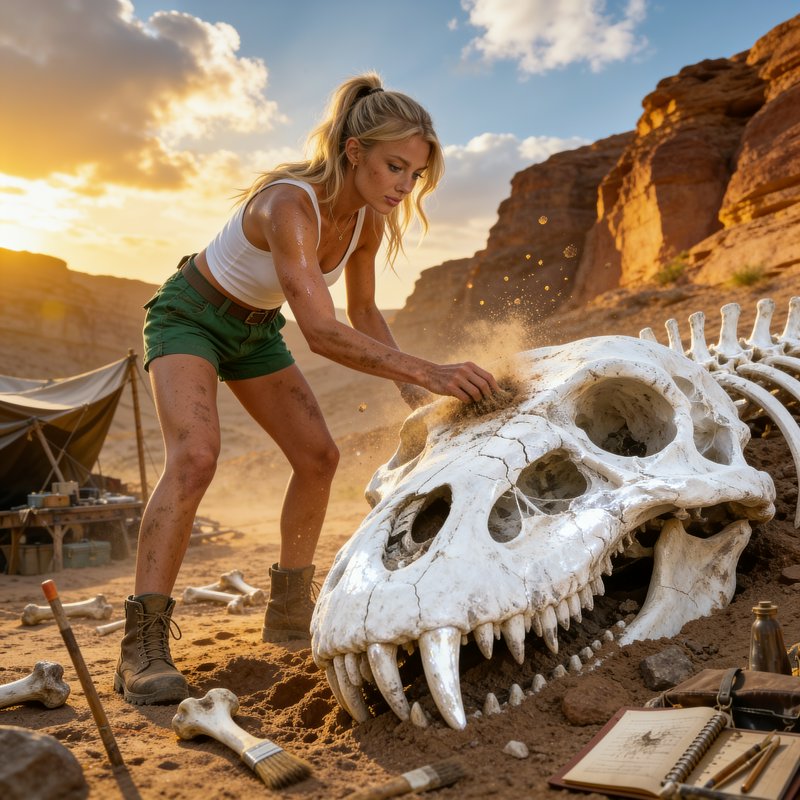 Female paleontologist brushes sand from a large dinosaur fossil skull at a desert canyon dig site...
