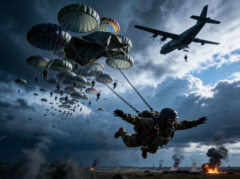 Foreground camouflaged paratrooper freefalling, with dozens of airborne troops jumping from a car...