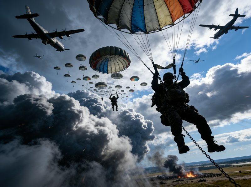 Low angle first-person view of military paratroopers descending under parachutes, transport plane...