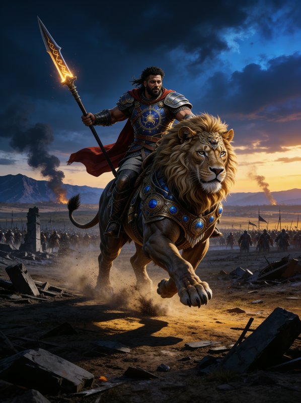 Armored mythic warrior rides an ornate battle lion, wielding a glowing rune spear across a wartim...