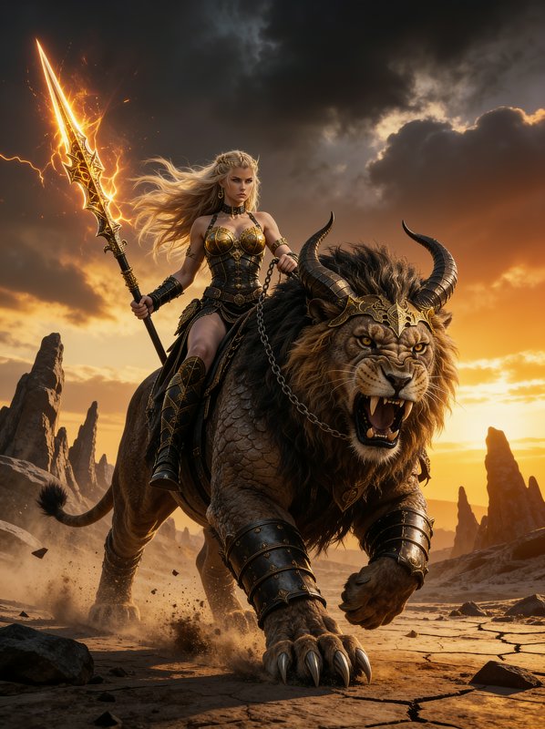 Blond fantasy warrior holds a glowing lightning spear while riding an armored snarling horned lio...