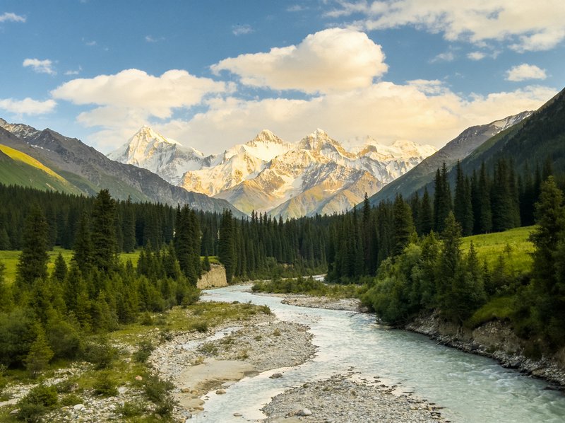 Winding glacial river flows through evergreen alpine valley, backed by sunlit snow-capped mountain peaks under a bright cl...