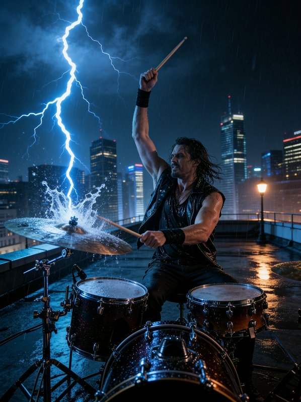 Heavy metal drummer plays a rooftop drum kit as lightning strikes his cymbal, rain splashing, dur...