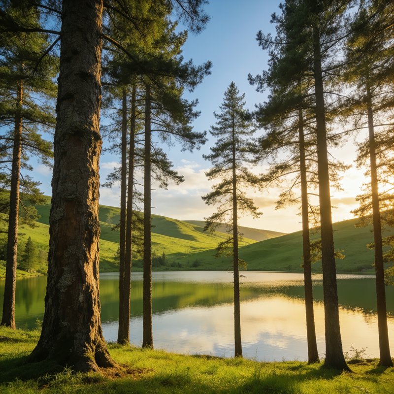 Tall pine trees frame a calm alpine lake, with rolling green grassy hills glowing in warm golden ...